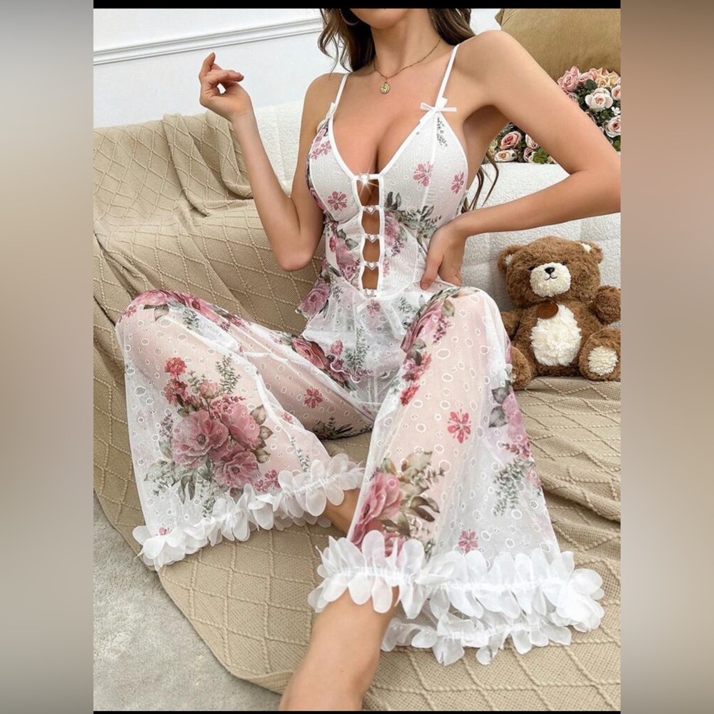 Floral Sheer Lace Trim Jumpsuit - White with Pink Roses - Picture 3 of 7